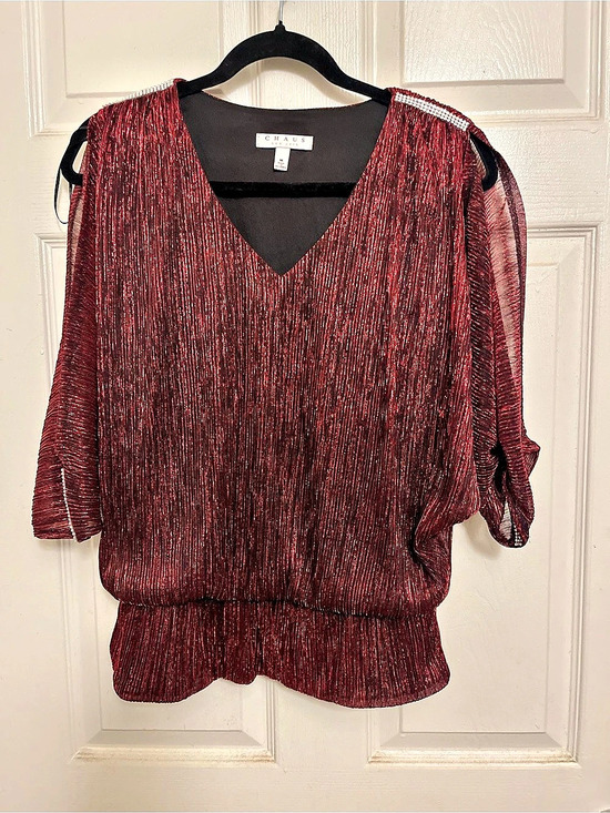 Chaus Tops - CHAUS Metallic Cold Shoulder Balloon Sleeve Top Red & Black Medium